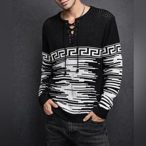 LCR Black Edition Lace-Up Knit Sweater Men’s M Black White Geometric Cotton